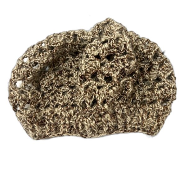 New Handmade Crochet Slouchy Beret Hat Tan Metallic Brown Boho Unisex - Picture 1 of 8